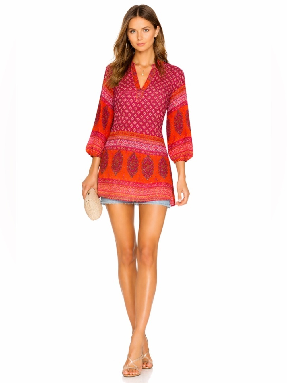 Tolani Nisha Silk Geometric Floral Tunic Top Slip Mini Dress  XS
